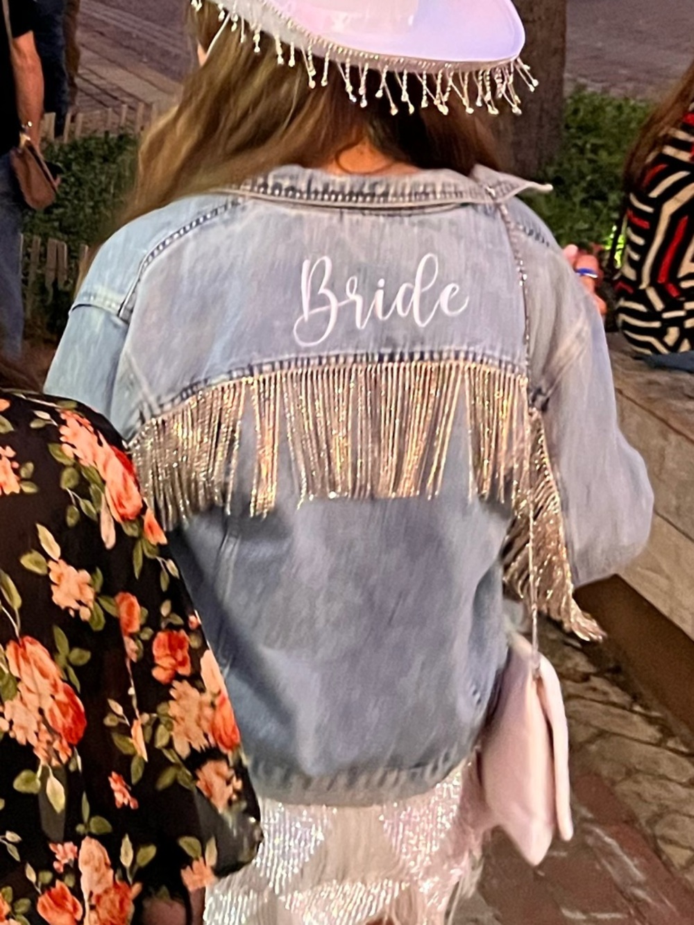 Bride Rhinestone Fringe Light Wash Denim Jacket